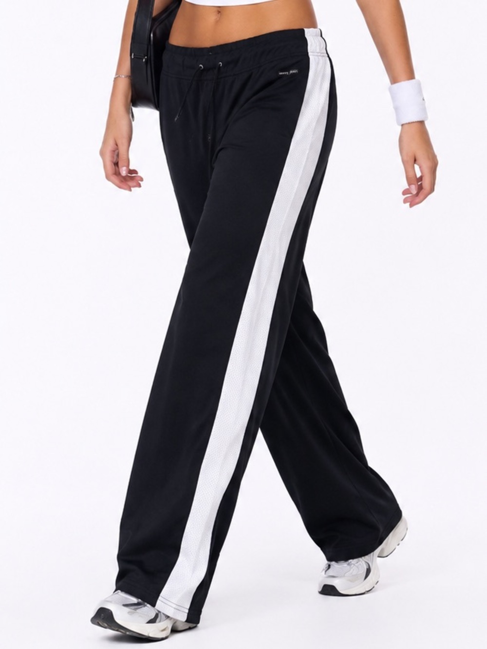 Vintage Tommy Hilfiger Sport L Black White Mesh Track Pants Y2K Wide Leg Gym